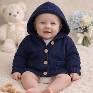 🌙 EGG New York Navy Hooded Knit Cardigan | 0–3M | Cozy Classic